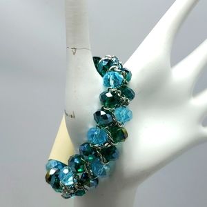 Mystique silver with blue green glass beaded stretch bracelet